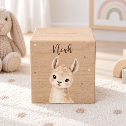 Holzspardose für Kinder personalisiert mit Namen mit Auswahl an Bauernhoftieren