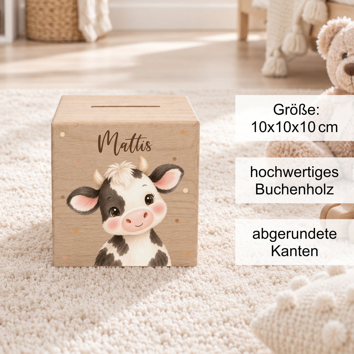 Holzspardose für Kinder personalisiert mit Namen mit Auswahl an Bauernhoftieren