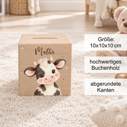 Holzspardose für Kinder personalisiert mit Namen mit Auswahl an Bauernhoftieren