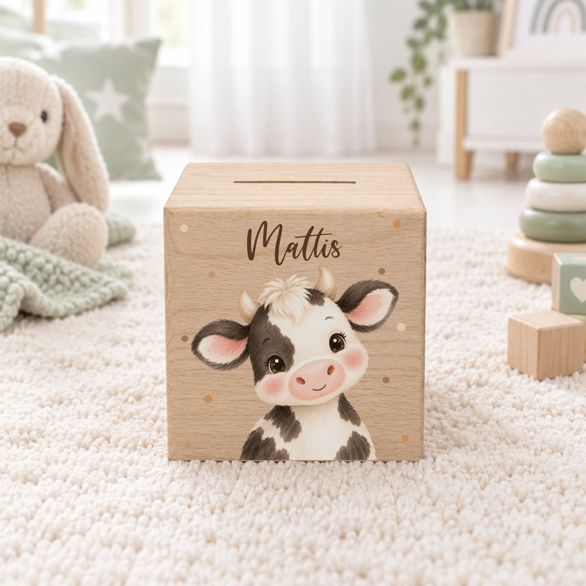Holzspardose für Kinder personalisiert mit Namen mit Auswahl an Bauernhoftieren