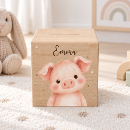 Holzspardose für Kinder personalisiert mit Namen mit Auswahl an Bauernhoftieren
