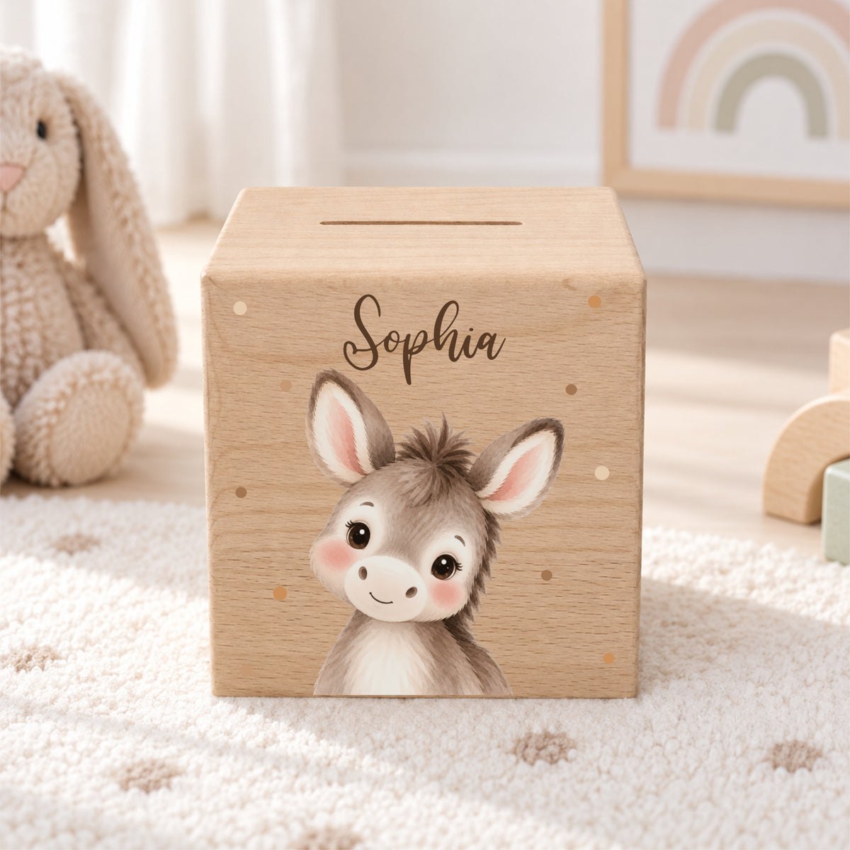 Holzspardose für Kinder personalisiert mit Namen mit Auswahl an Bauernhoftieren