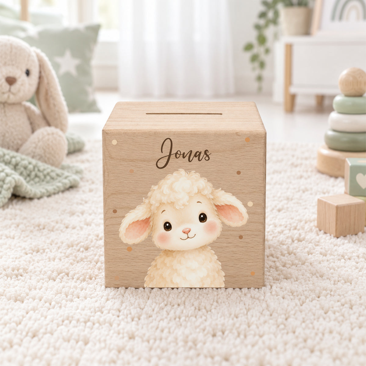 Holzspardose für Kinder personalisiert mit Namen mit Auswahl an Bauernhoftieren