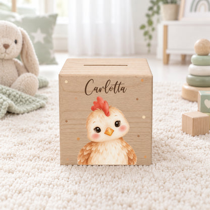Holzspardose für Kinder personalisiert mit Namen mit Auswahl an Bauernhoftieren