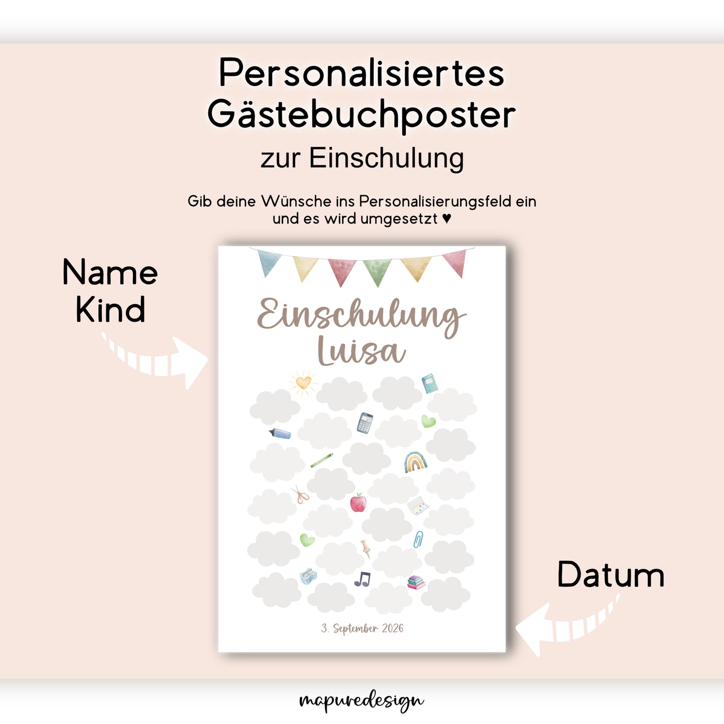 Gästebuch Poster zur Einschulung personalisiert Schulanfang Schulkind Wünsche Patenkind Einschulungsgeschenk