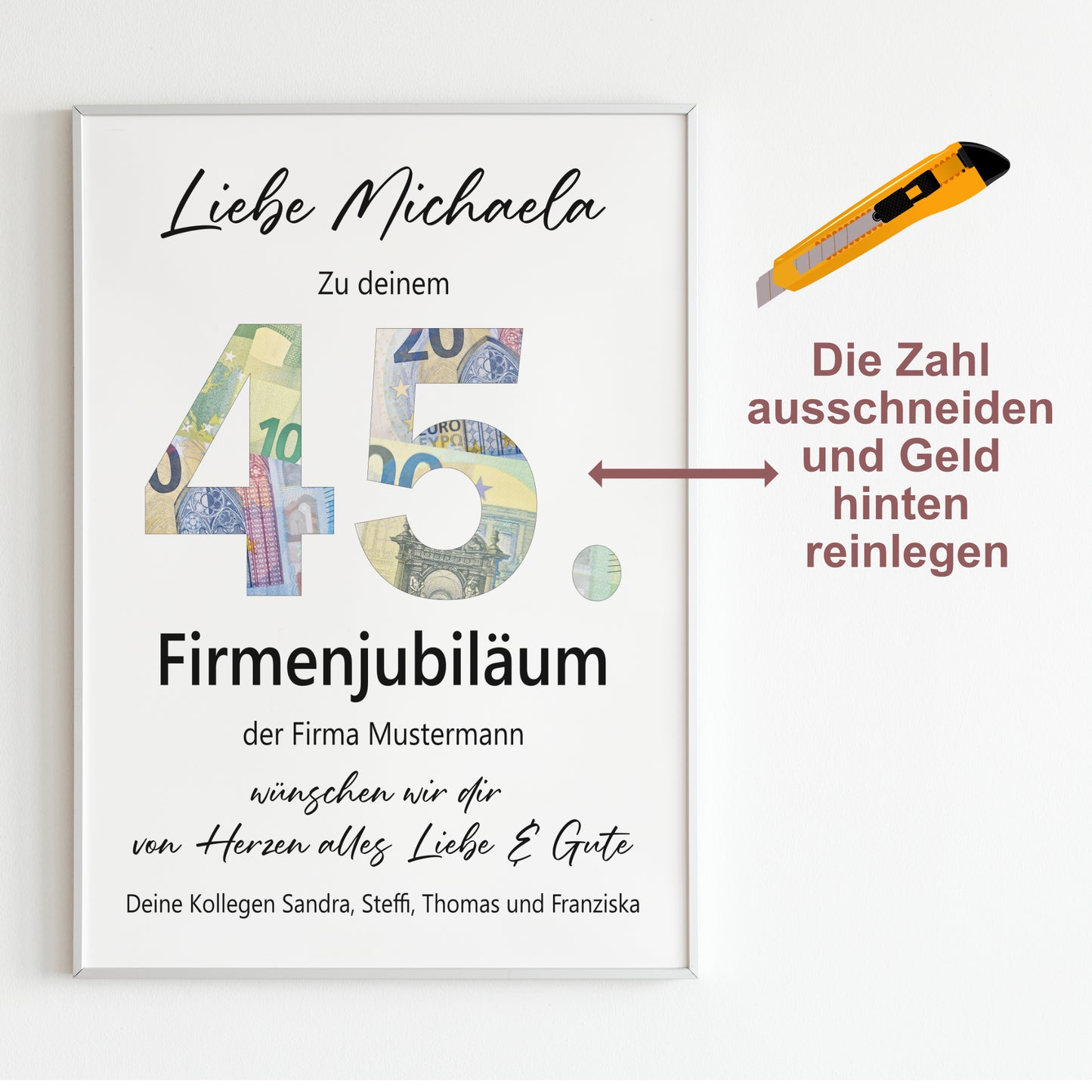 45. Firmenjubiläum Geldgeschenk Dienstjubiläum 45 Jahre Arbeit Kollege Kollegin Mitarbeiter Personalisiert