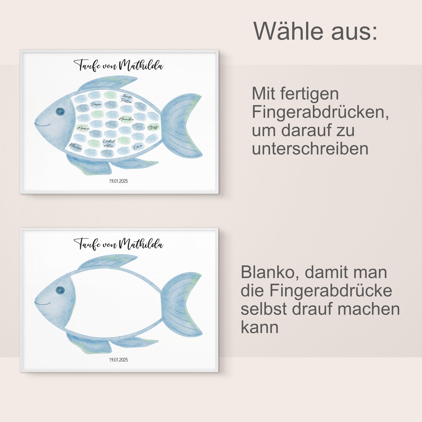 Gästeposter Taufe Fisch Fingerabdrücke Gästebuch personalisiert Taufgeschenk Taufgästebuch Fingerprint Gästebild