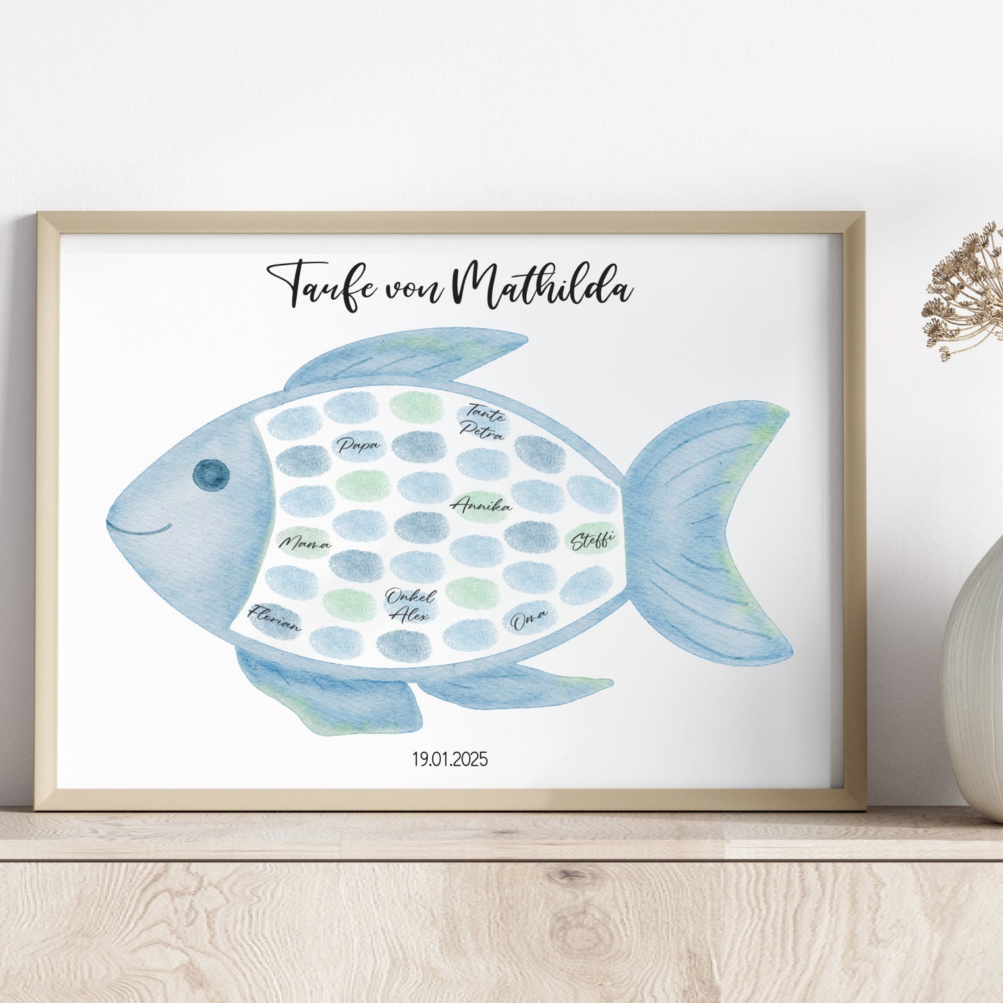 Gästeposter Taufe Fisch Fingerabdrücke Gästebuch personalisiert Taufgeschenk Taufgästebuch Fingerprint Gästebild
