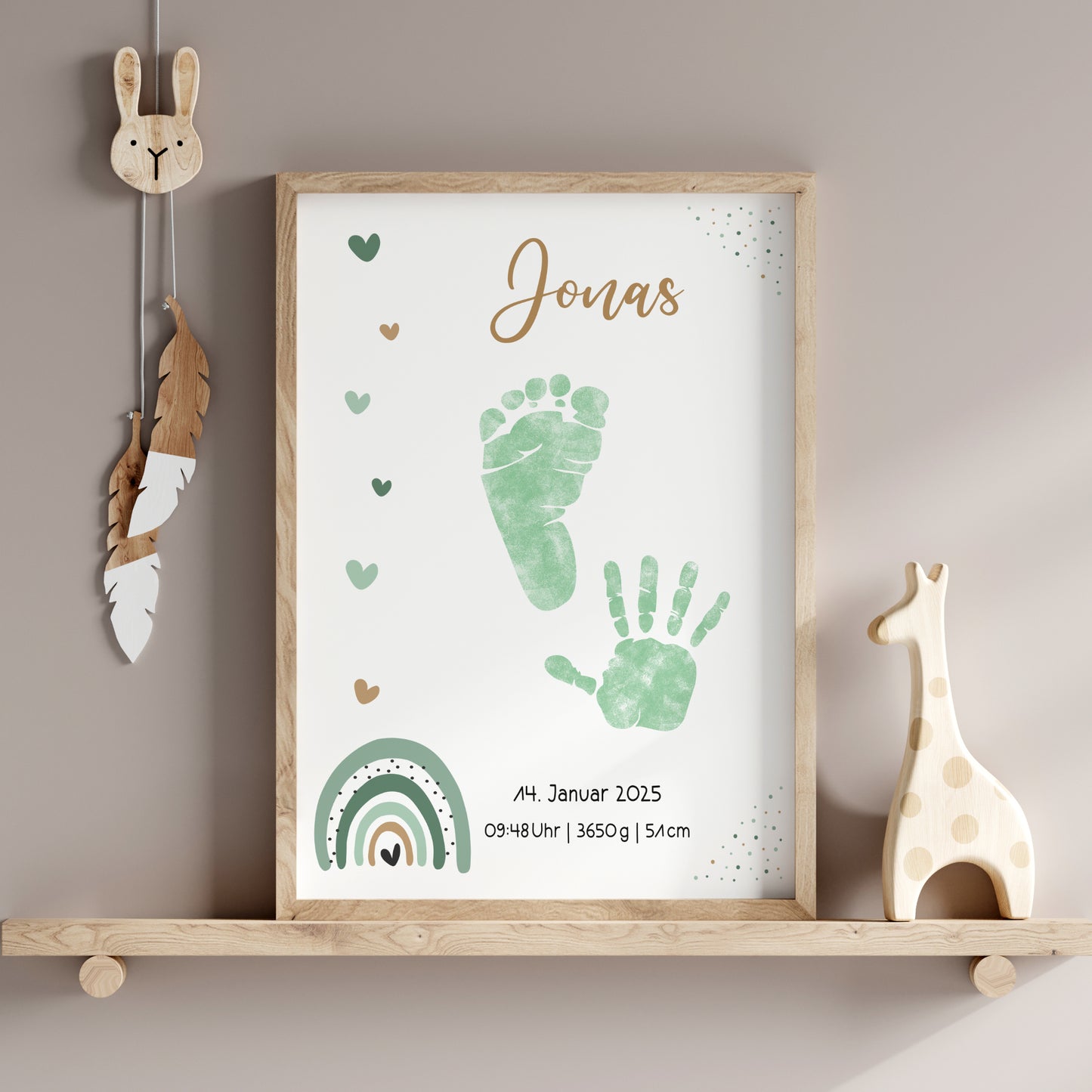 Geburtsposter Vorlage Fußabdrücke Handabdrücke Baby Geburtsdaten personalisiert Regenbogen Mädchen Jungen