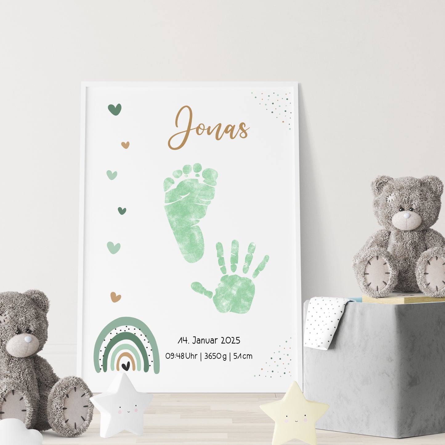 Geburtsposter Vorlage Fußabdrücke Handabdrücke Baby Geburtsdaten personalisiert Regenbogen Mädchen Jungen