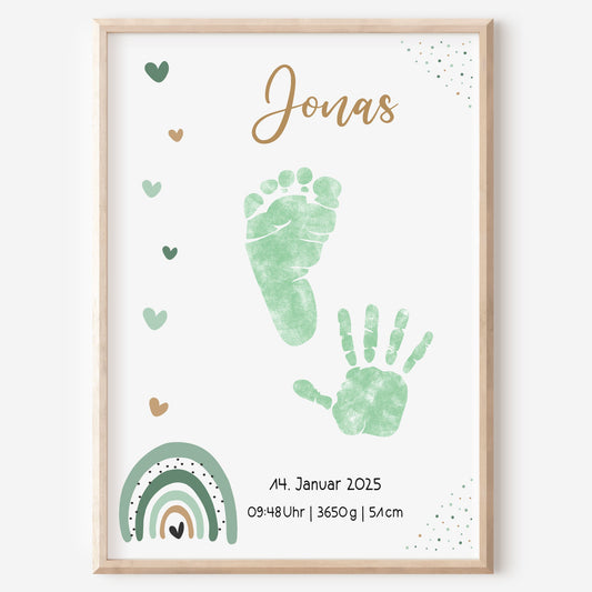 Geburtsposter Vorlage Fußabdrücke Handabdrücke Baby Geburtsdaten personalisiert Regenbogen Mädchen Jungen