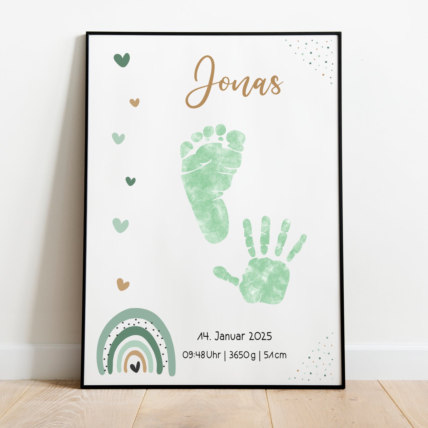 Geburtsposter Vorlage Fußabdrücke Handabdrücke Baby Geburtsdaten personalisiert Regenbogen Mädchen Jungen