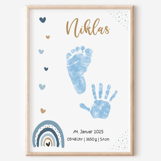 Geburtsposter Vorlage Fußabdrücke Handabdrücke Baby Geburtsdaten personalisiert Regenbogen Blau Jungen