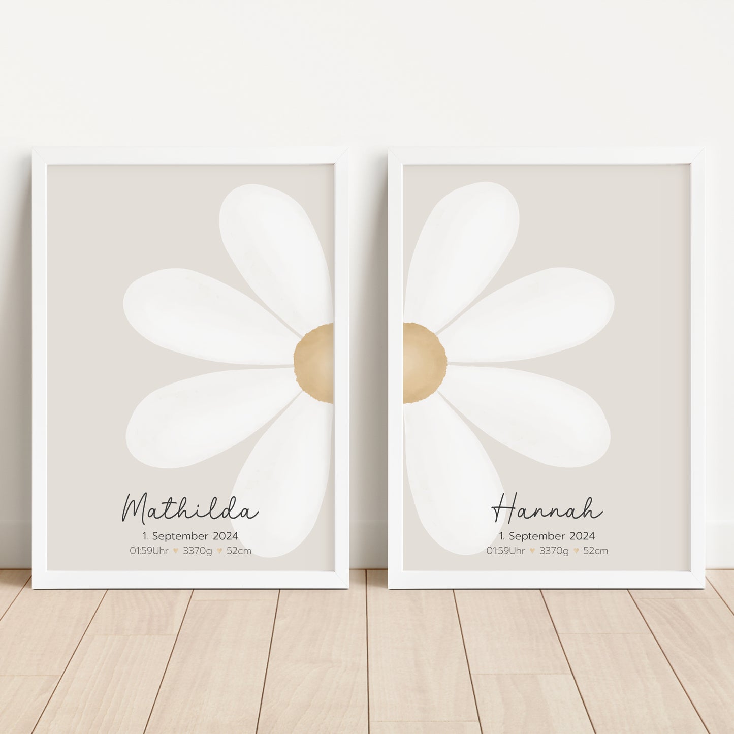 Geburtsposter 2er Set Zwillinge Geschwister Geburtsdaten personalisiert Kinderzimmer Gänseblümchen Mädchen Junge
