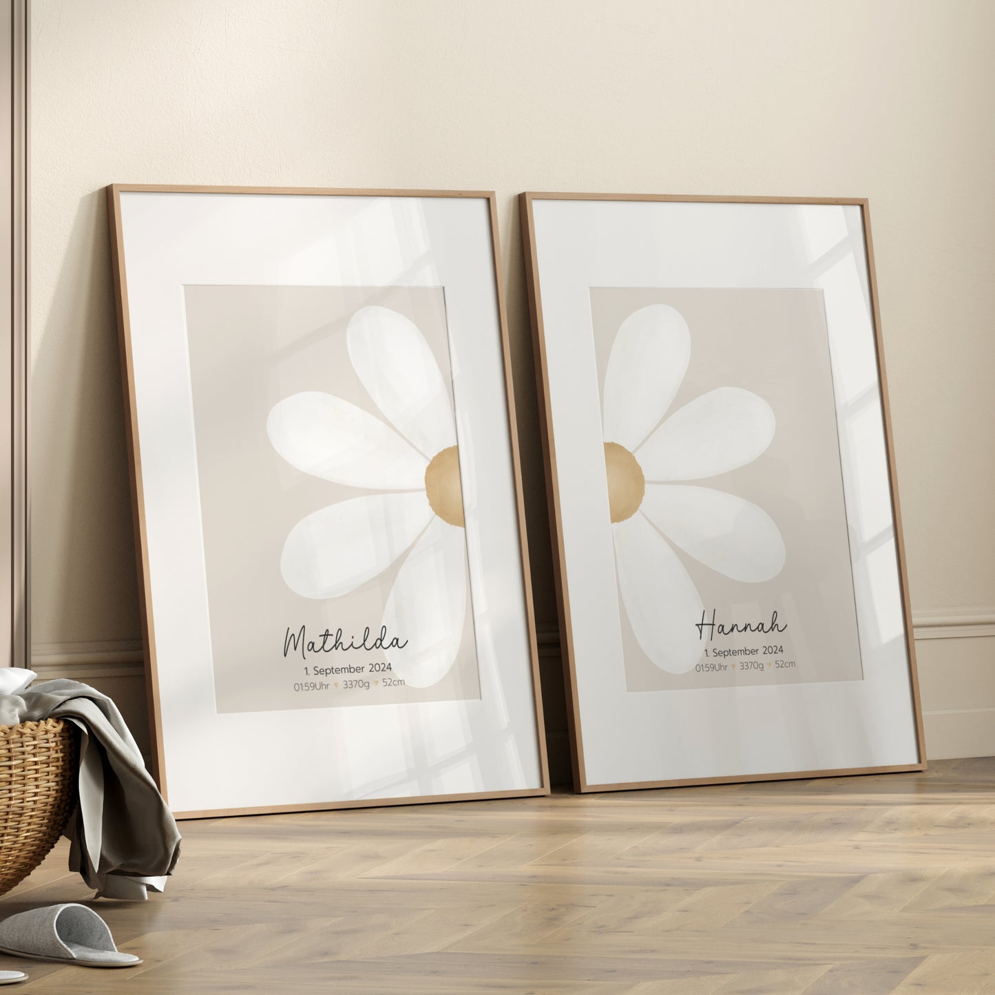 Geburtsposter 2er Set Zwillinge Geschwister Geburtsdaten personalisiert Kinderzimmer Gänseblümchen Mädchen Junge