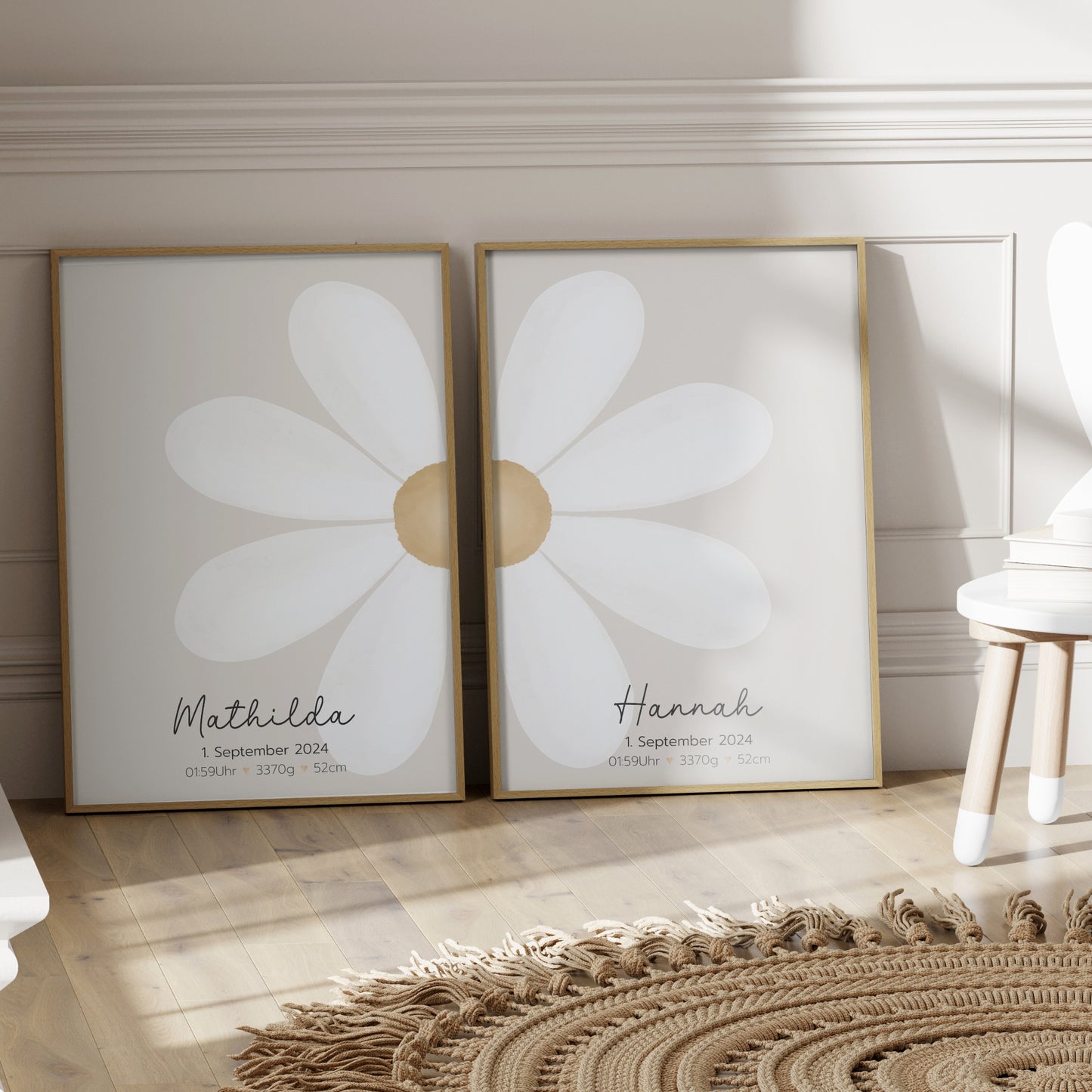 Geburtsposter 2er Set Zwillinge Geschwister Geburtsdaten personalisiert Kinderzimmer Gänseblümchen Mädchen Junge