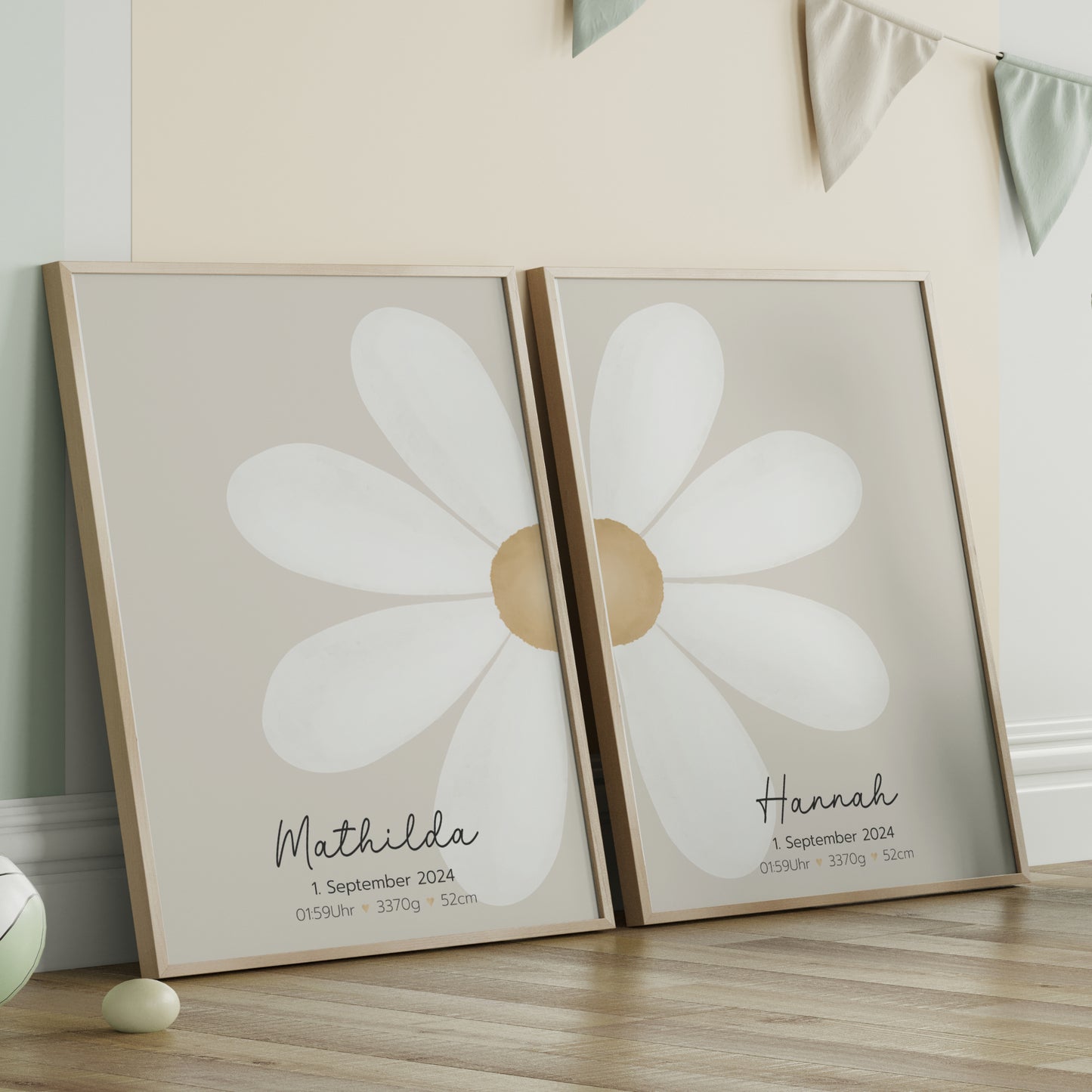 Geburtsposter 2er Set Zwillinge Geschwister Geburtsdaten personalisiert Kinderzimmer Gänseblümchen Mädchen Junge