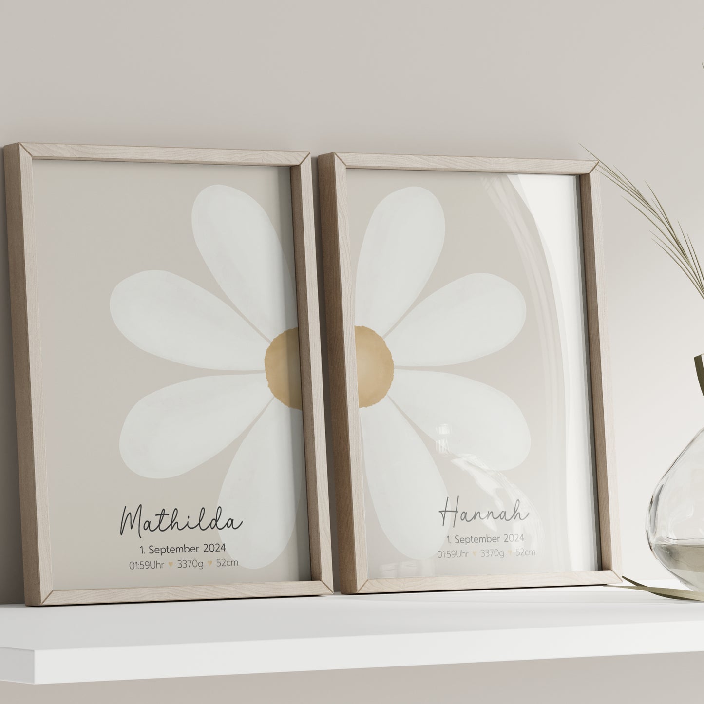 Geburtsposter 2er Set Zwillinge Geschwister Geburtsdaten personalisiert Kinderzimmer Gänseblümchen Mädchen Junge