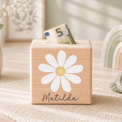 Holzspardose für Kinder mit Gänseblümchen personalisiert mit Namen