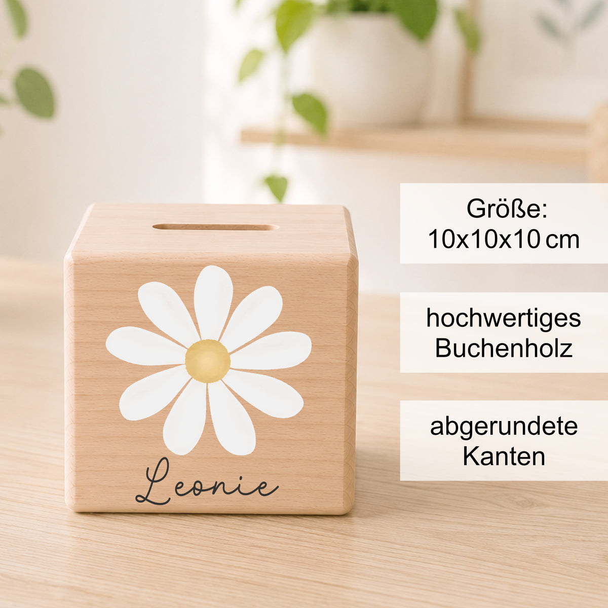 Holzspardose für Kinder mit Gänseblümchen personalisiert mit Namen