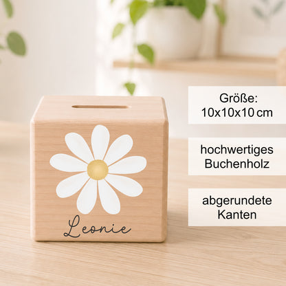 Holzspardose für Kinder mit Gänseblümchen personalisiert mit Namen