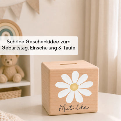Holzspardose für Kinder mit Gänseblümchen personalisiert mit Namen