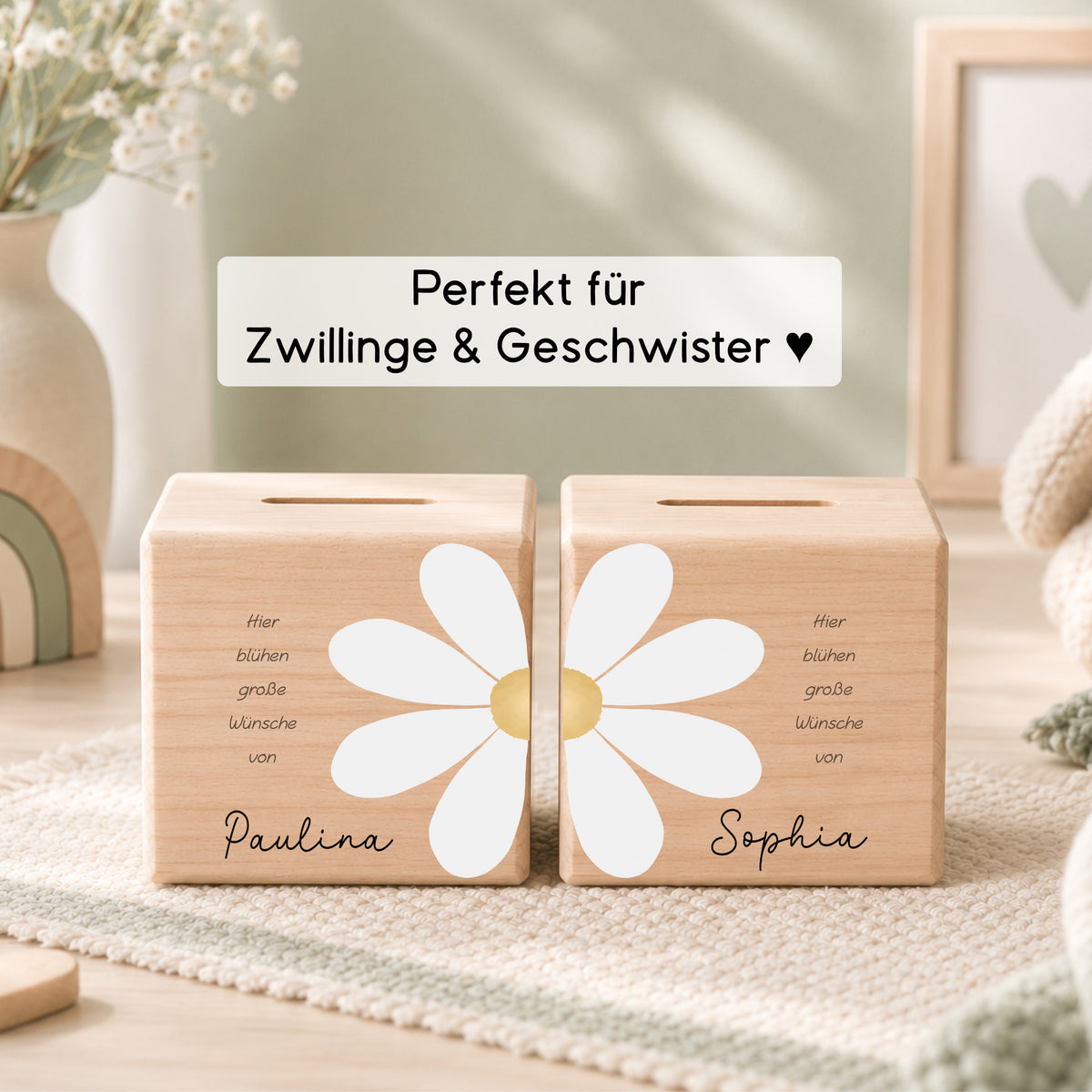 Holzspardosen 2er Set für Zwillinge & Geschwister mit Gänseblümchen personalisiert mit Namen
