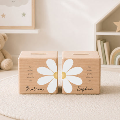 Holzspardosen 2er Set für Zwillinge & Geschwister mit Gänseblümchen personalisiert mit Namen