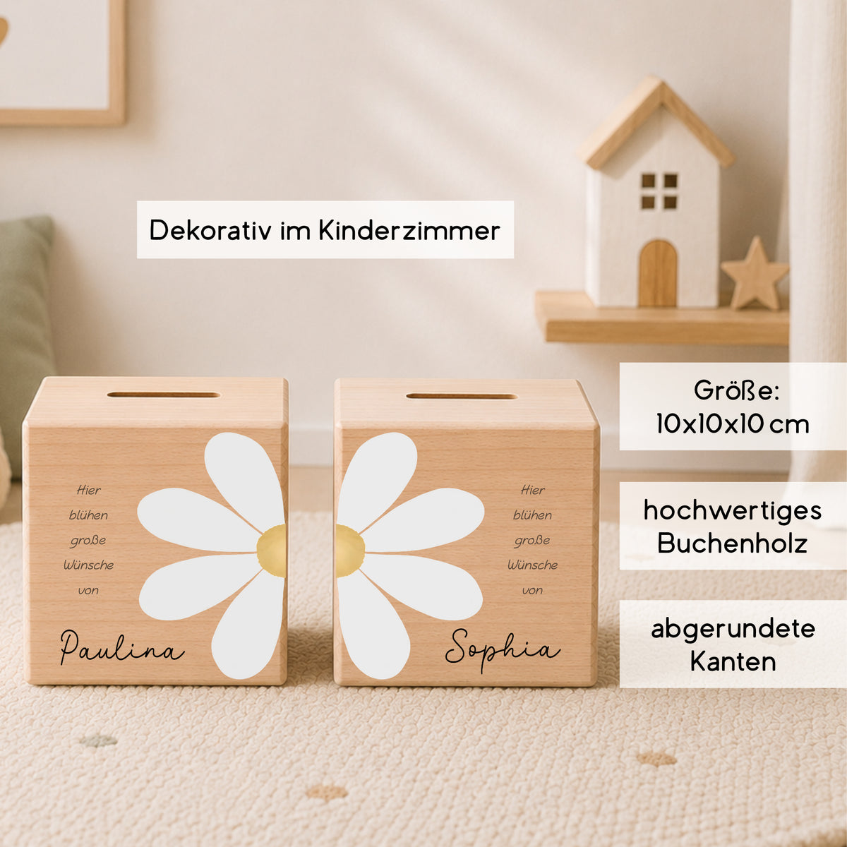 Holzspardosen 2er Set für Zwillinge & Geschwister mit Gänseblümchen personalisiert mit Namen