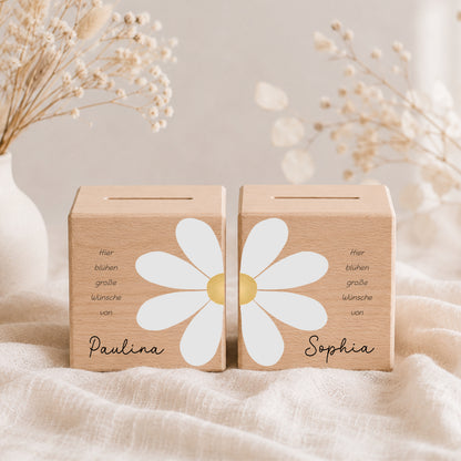 Holzspardosen 2er Set für Zwillinge & Geschwister mit Gänseblümchen personalisiert mit Namen