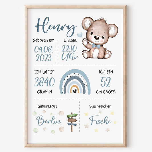 Geburtsposter Geburtstafel personalisiert Kinderzimmer Regenbogen Bär Jungen
