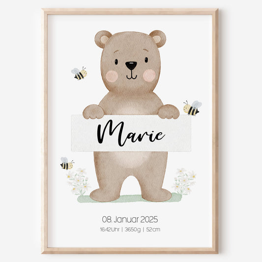 Geburtsposter Bär Bienen Blumen Geburtsdaten personalisiert Kinderzimmer Mädchen Jungen