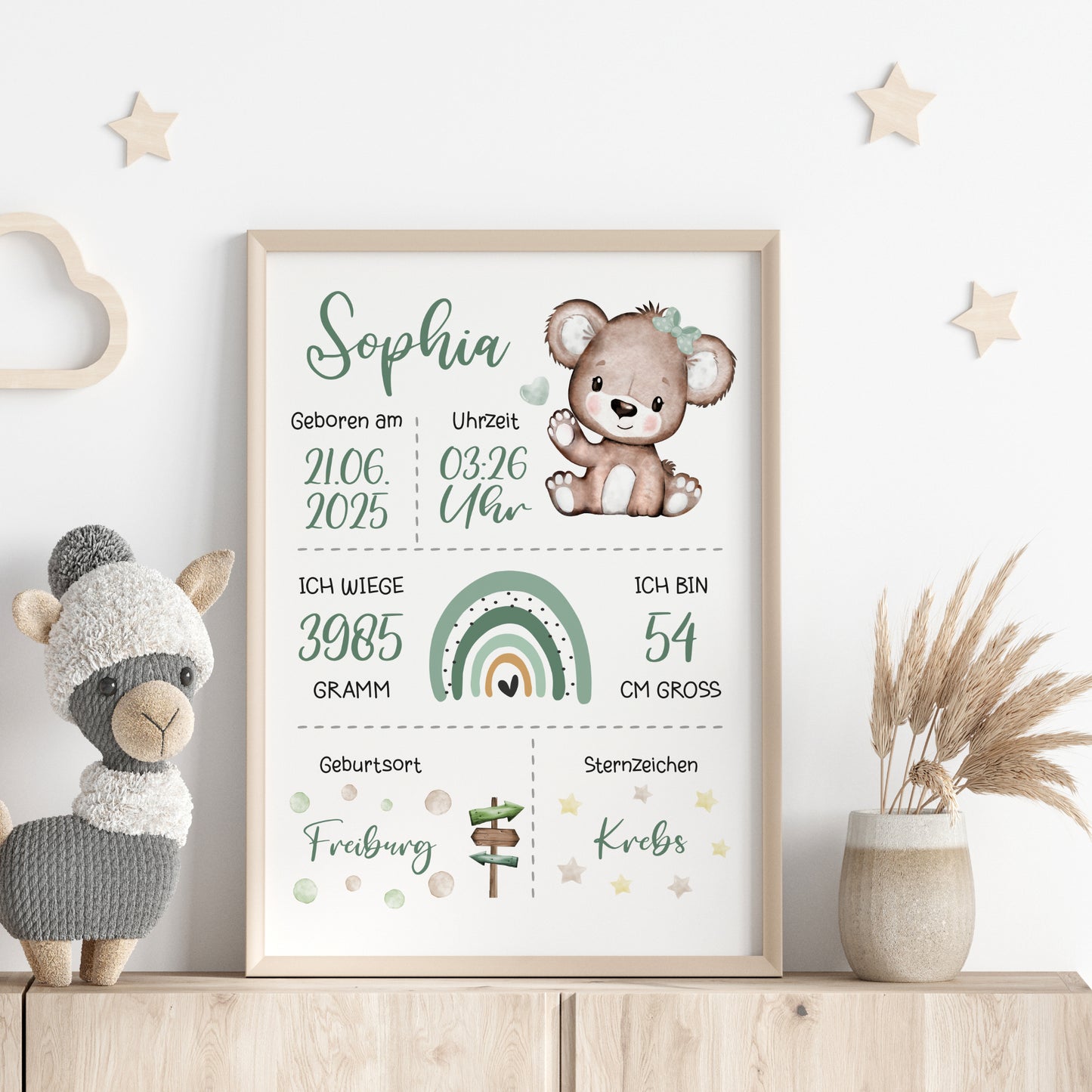 Geburtsposter Geburtstafel personalisiert Kinderzimmer Regenbogen Bär Grün Jungen Mädchen