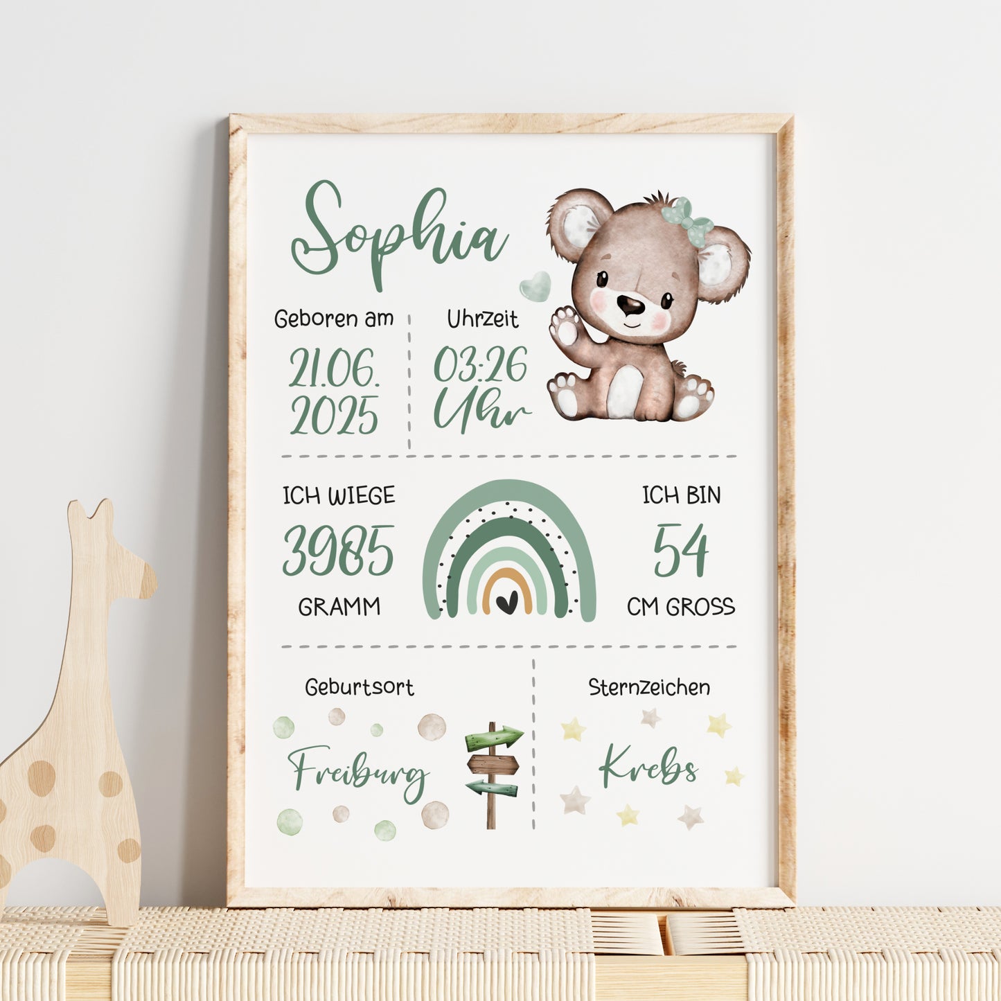 Geburtsposter Geburtstafel personalisiert Kinderzimmer Regenbogen Bär Grün Jungen Mädchen