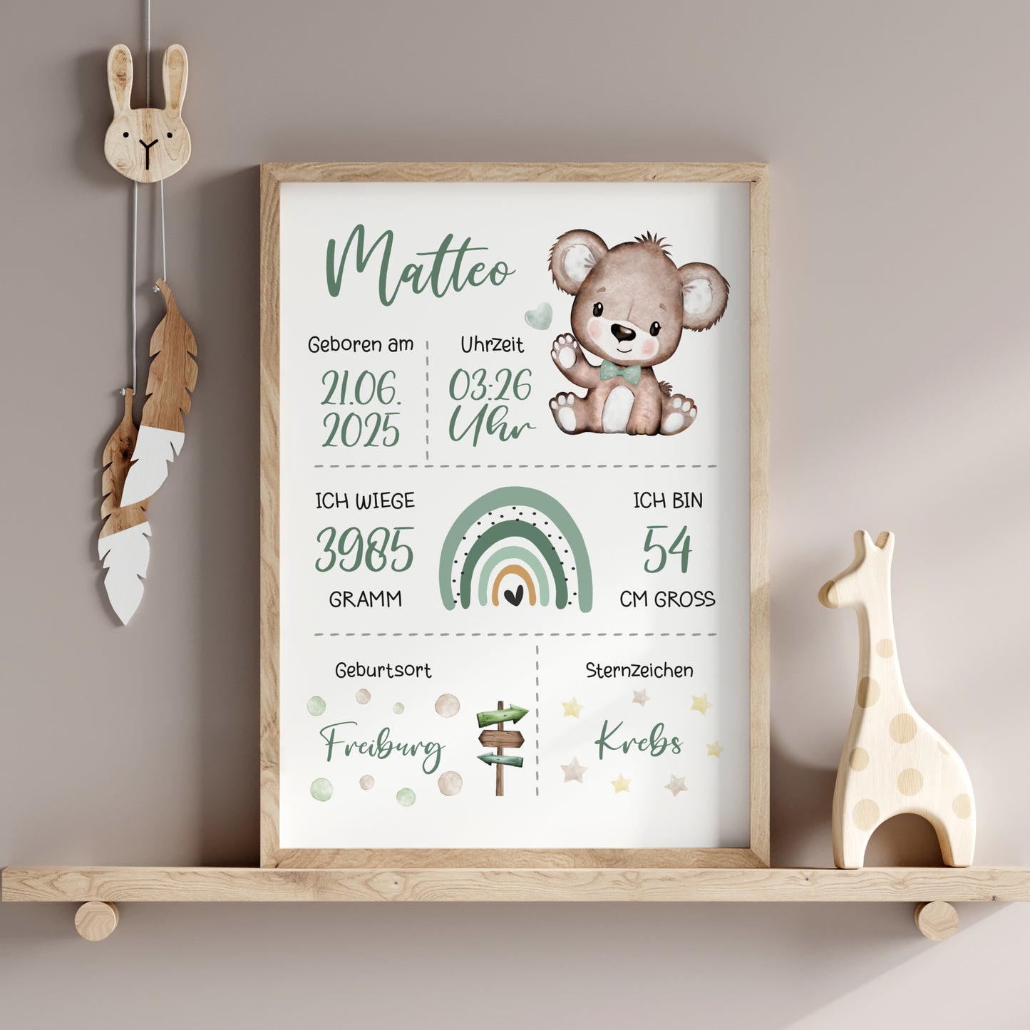 Geburtsposter Geburtstafel personalisiert Kinderzimmer Regenbogen Bär Grün Jungen Mädchen