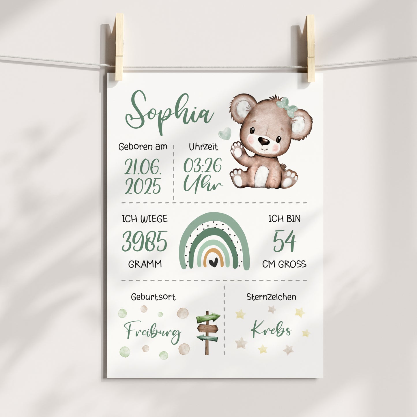 Geburtsposter Geburtstafel personalisiert Kinderzimmer Regenbogen Bär Grün Jungen Mädchen