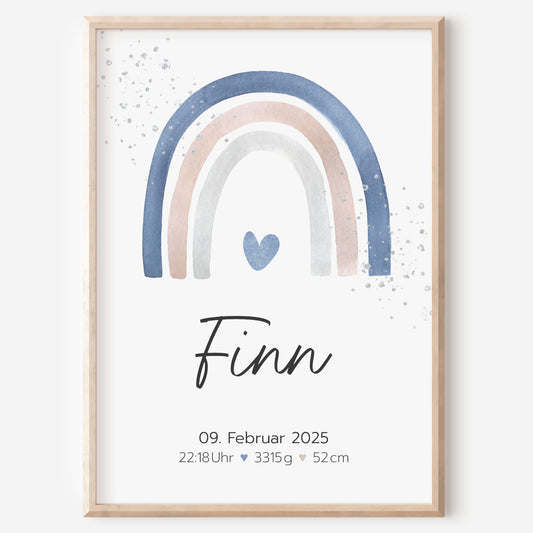 Geburtsposter Geburtsdaten personalisiert Kinderzimmer Regenbogen Blau Jungen