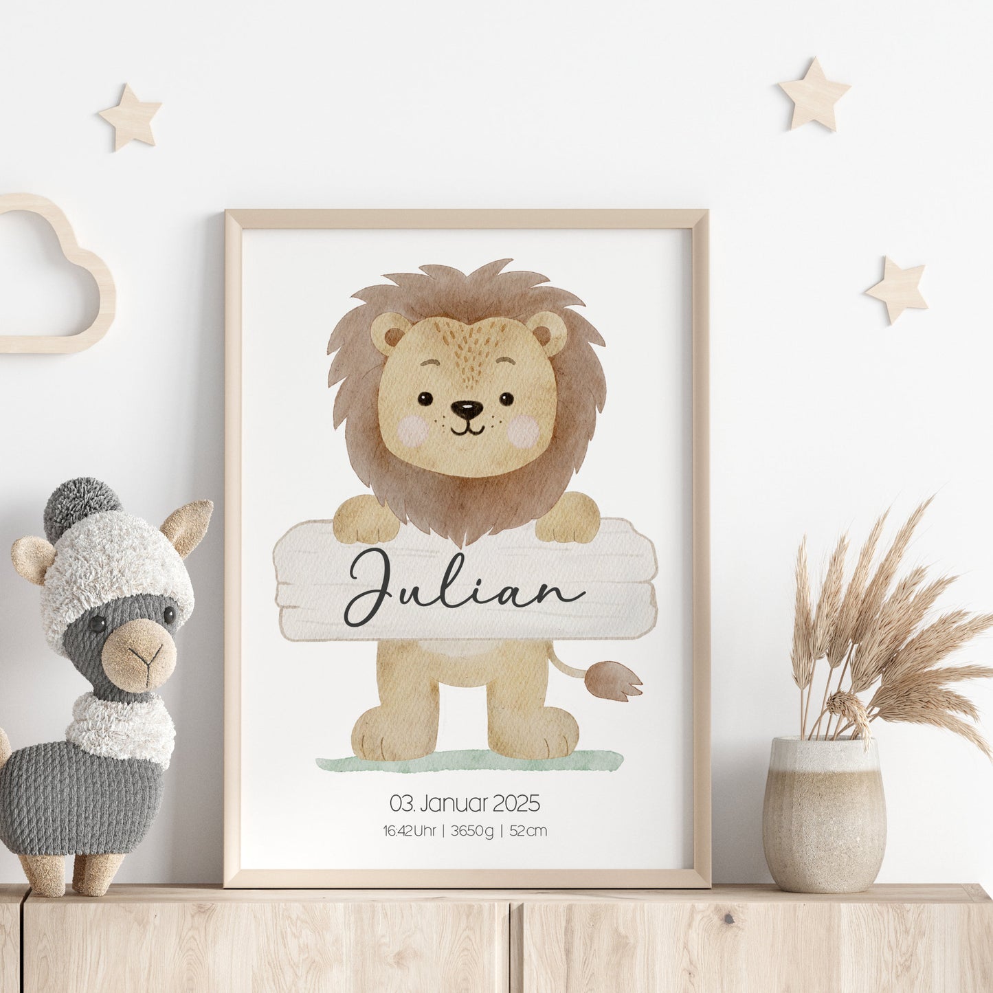 Geburtsposter Geburtsdaten personalisiert Kinderzimmer Löwe Safari Mädchen Jungen