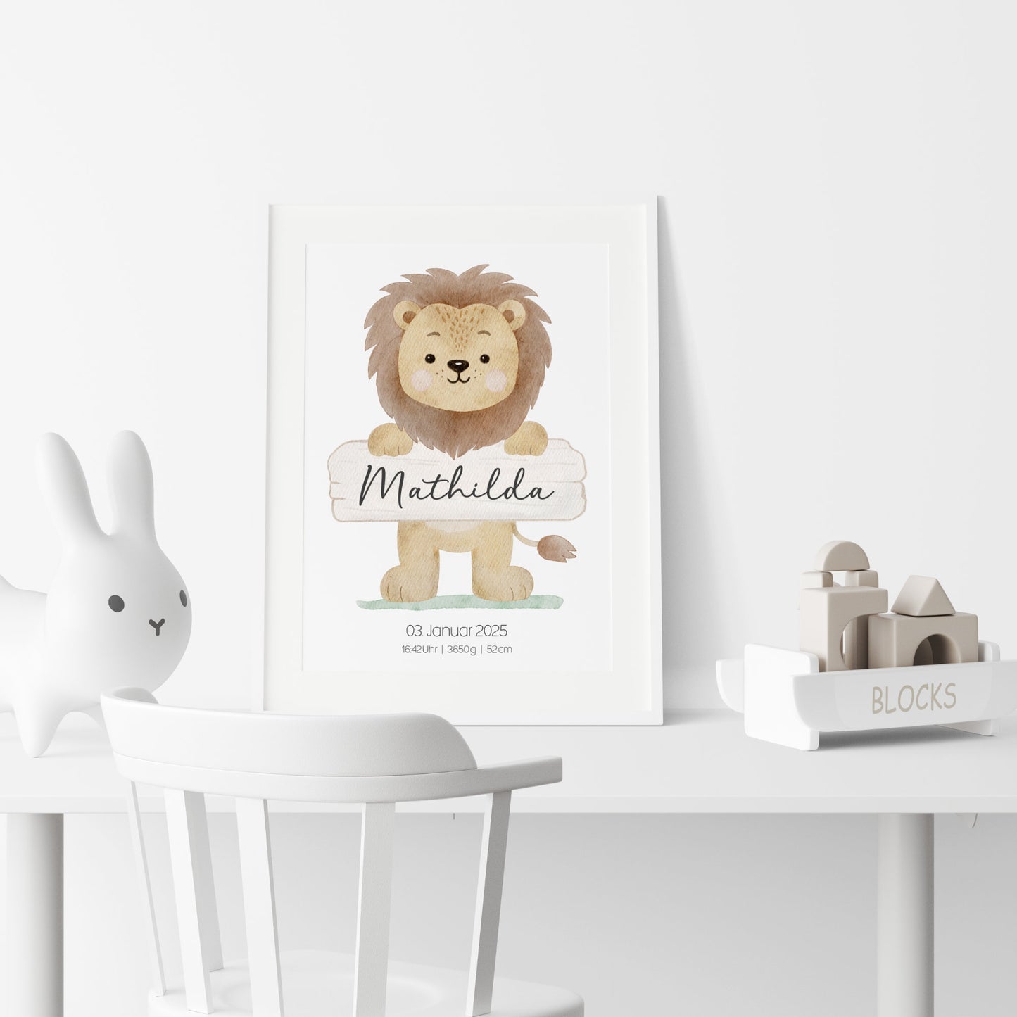 Geburtsposter Geburtsdaten personalisiert Kinderzimmer Löwe Safari Mädchen Jungen