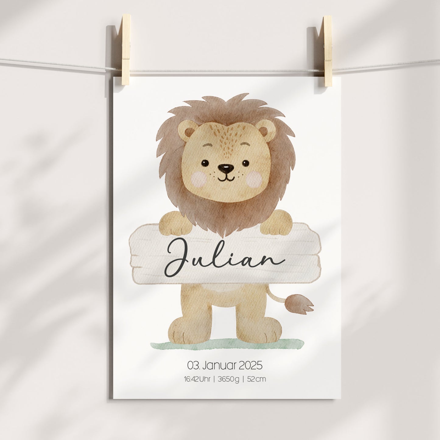 Geburtsposter Geburtsdaten personalisiert Kinderzimmer Löwe Safari Mädchen Jungen