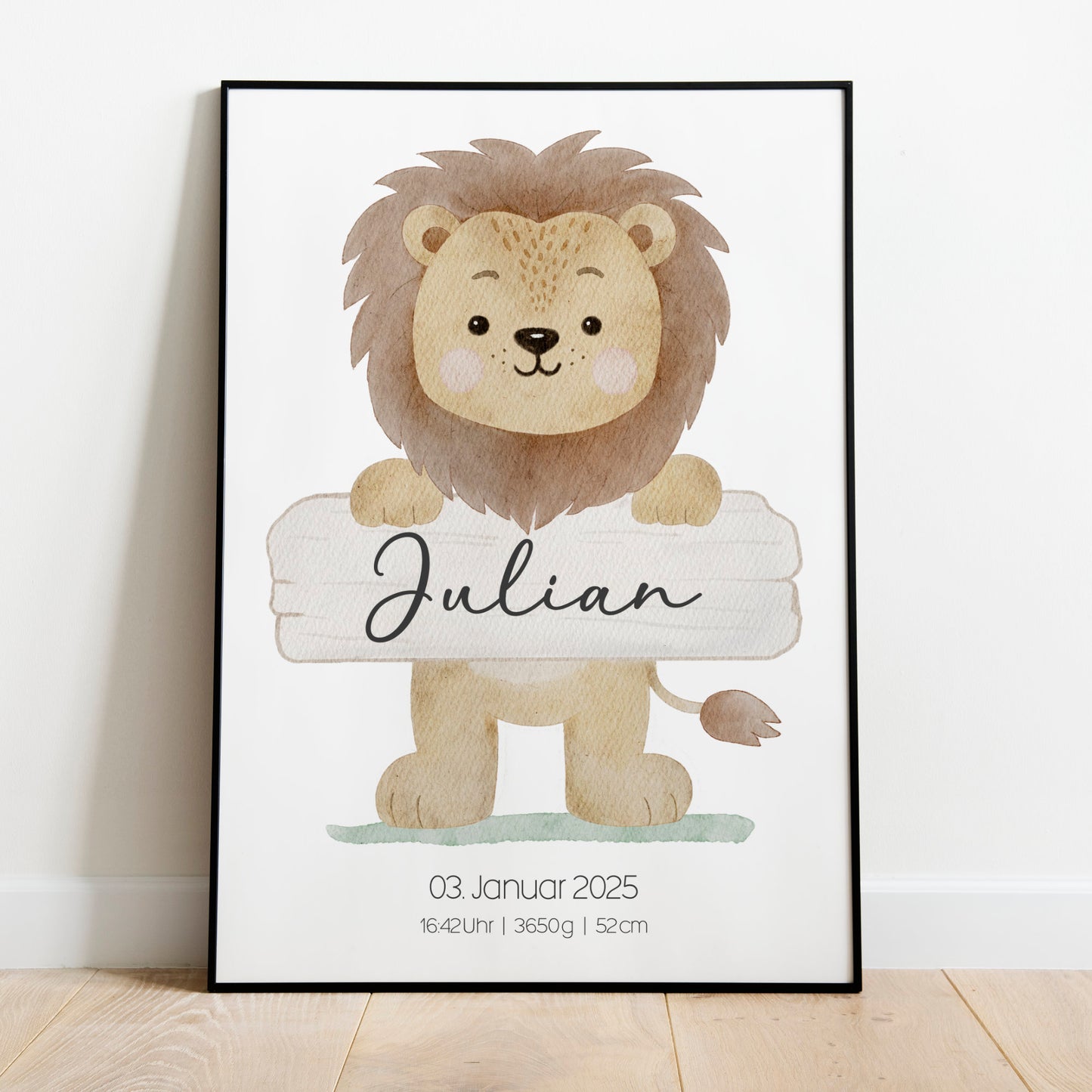 Geburtsposter Geburtsdaten personalisiert Kinderzimmer Löwe Safari Mädchen Jungen