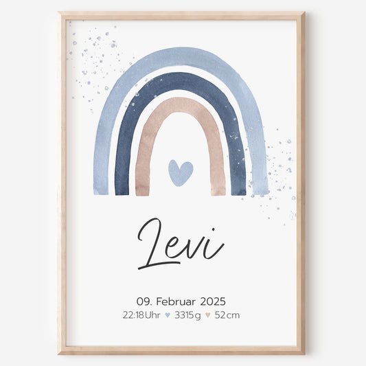 Geburtsposter Geburtsdaten personalisiert Kinderzimmer Regenbogen Blau Braun Jungen