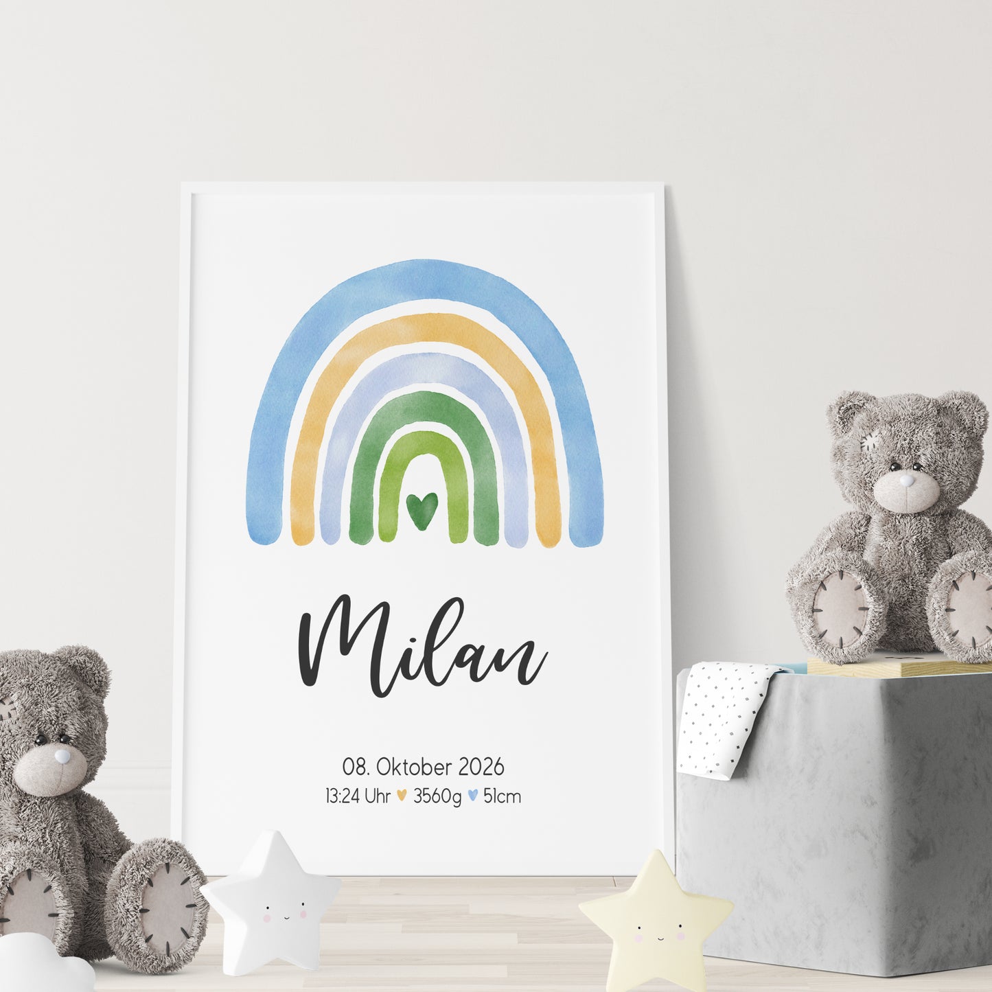 Geburtsposter Geburtsdaten personalisiert Geburtstafel Kinderzimmer Regenbogen Blau Junge