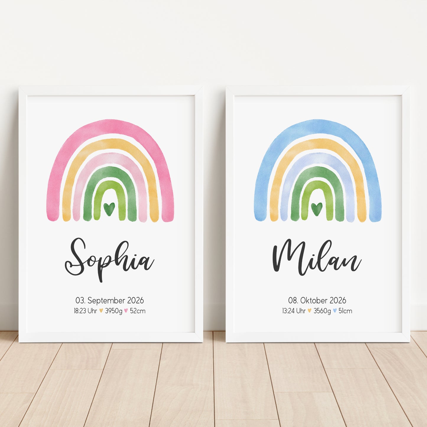 Geburtsposter Geburtsdaten personalisiert Geburtstafel Kinderzimmer Regenbogen Rosa Pink Mädchen