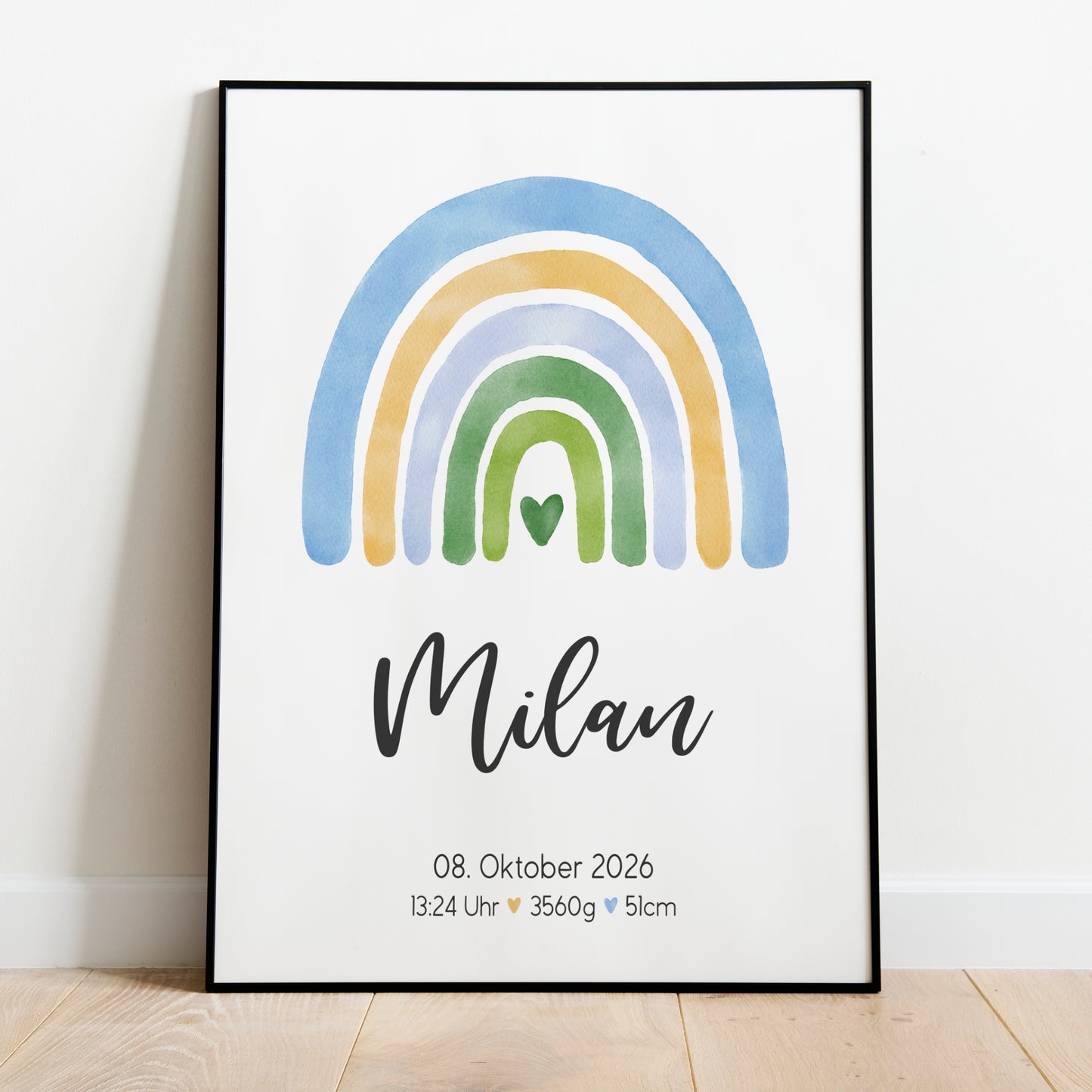 Geburtsposter Geburtsdaten personalisiert Geburtstafel Kinderzimmer Regenbogen Blau Junge