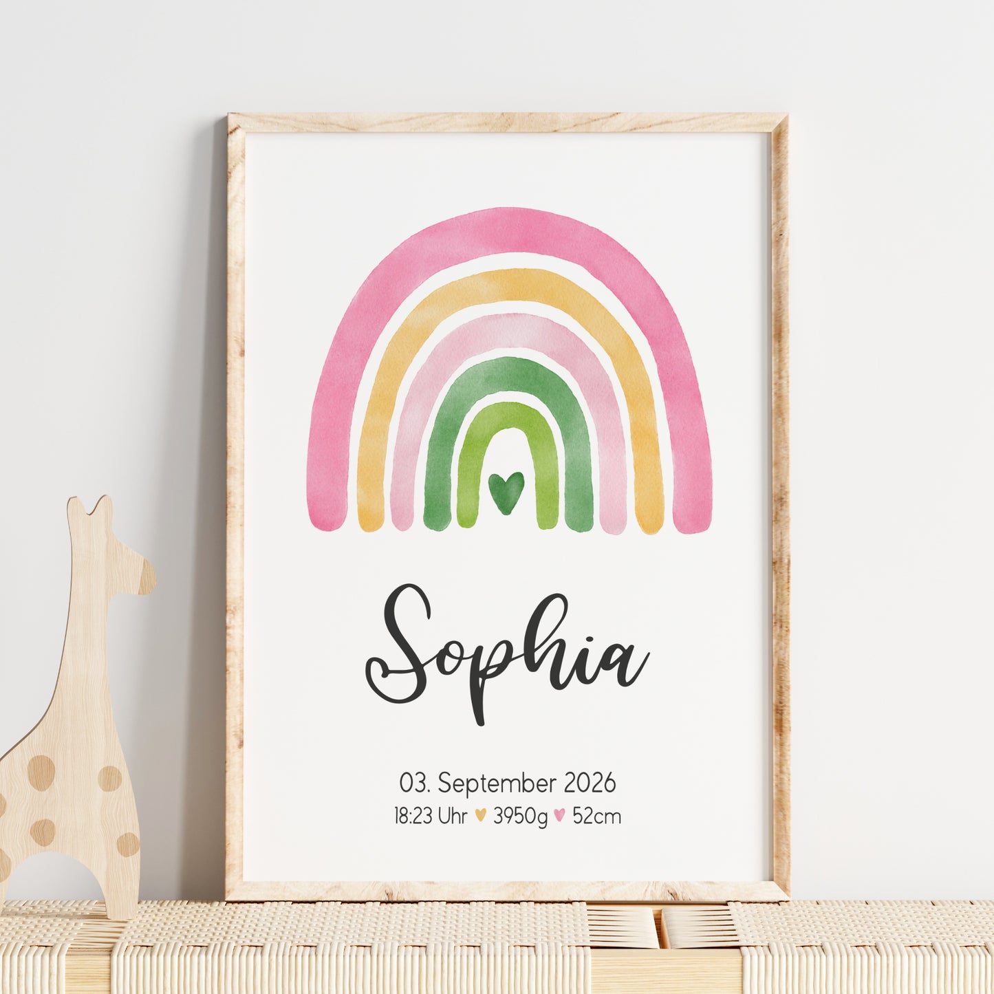Geburtsposter Geburtsdaten personalisiert Geburtstafel Kinderzimmer Regenbogen Rosa Pink Mädchen