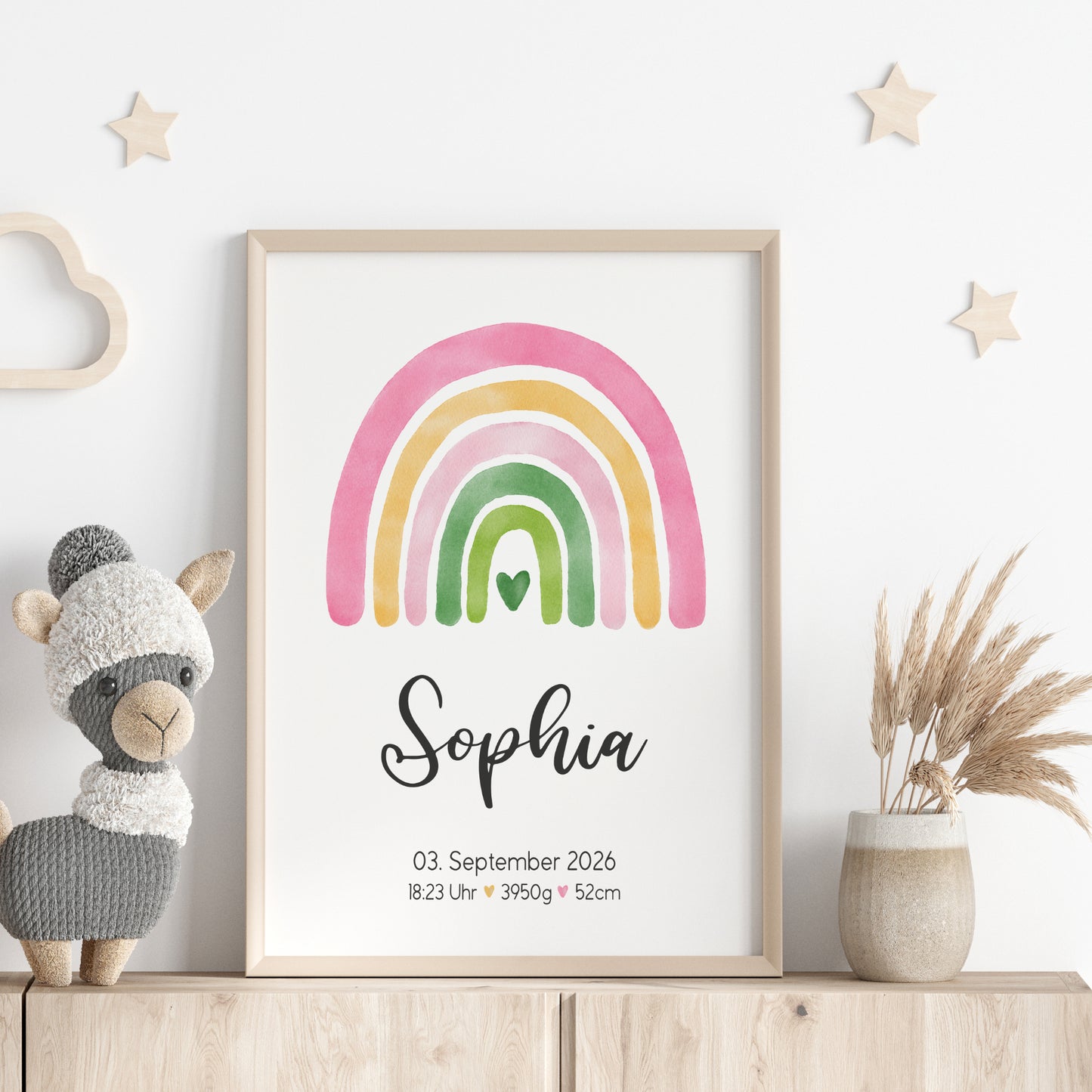 Geburtsposter Geburtsdaten personalisiert Geburtstafel Kinderzimmer Regenbogen Rosa Pink Mädchen
