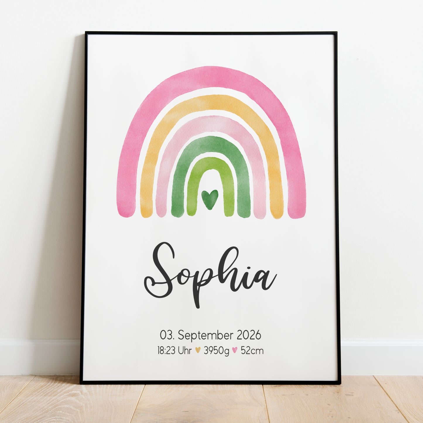 Geburtsposter Geburtsdaten personalisiert Geburtstafel Kinderzimmer Regenbogen Rosa Pink Mädchen