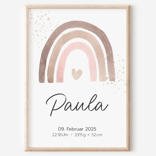 Geburtsposter Geburtsdaten personalisiert Kinderzimmer Regenbogen Rosa Braun Mädchen