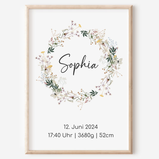 Geburtsposter Boho Geburtsdaten personalisiert Kinderzimmer Wildblumen Mädchen Jungen